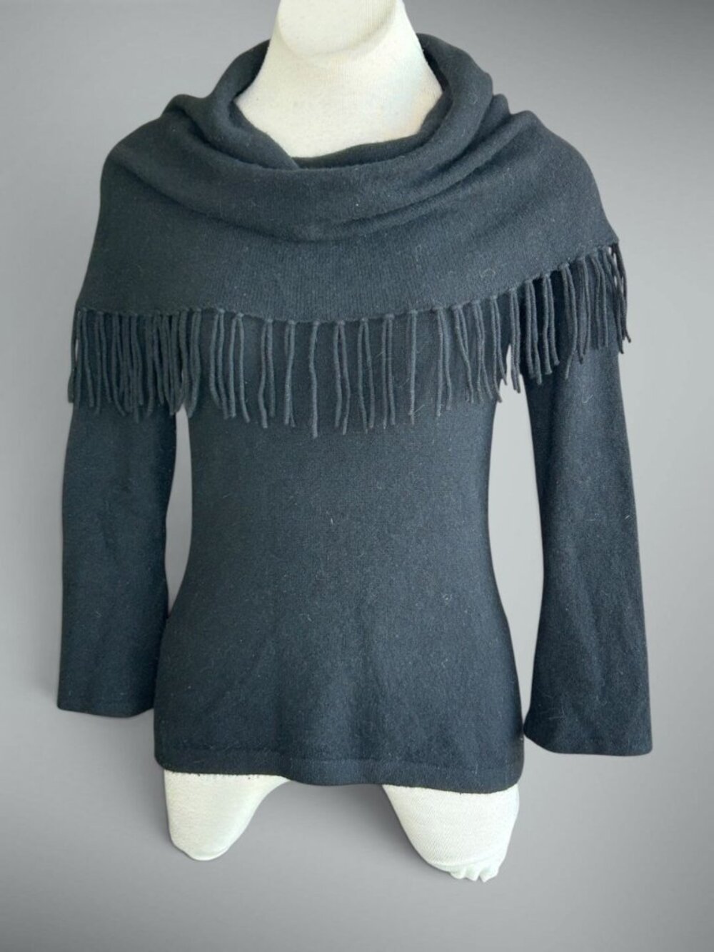 Minnie Rose Cashmere Sweater Quiet Luxury Oversized Cowl Fringe Collar Size S